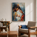 An impasto style painting depicting the Holy Family with tender expressions, featuring Mary, Joseph, and baby Jesus in a close, intimate composition. The textured brushstrokes create a rich, emotive portrayal of this religious scene with a soft, blended background enhancing the figures.