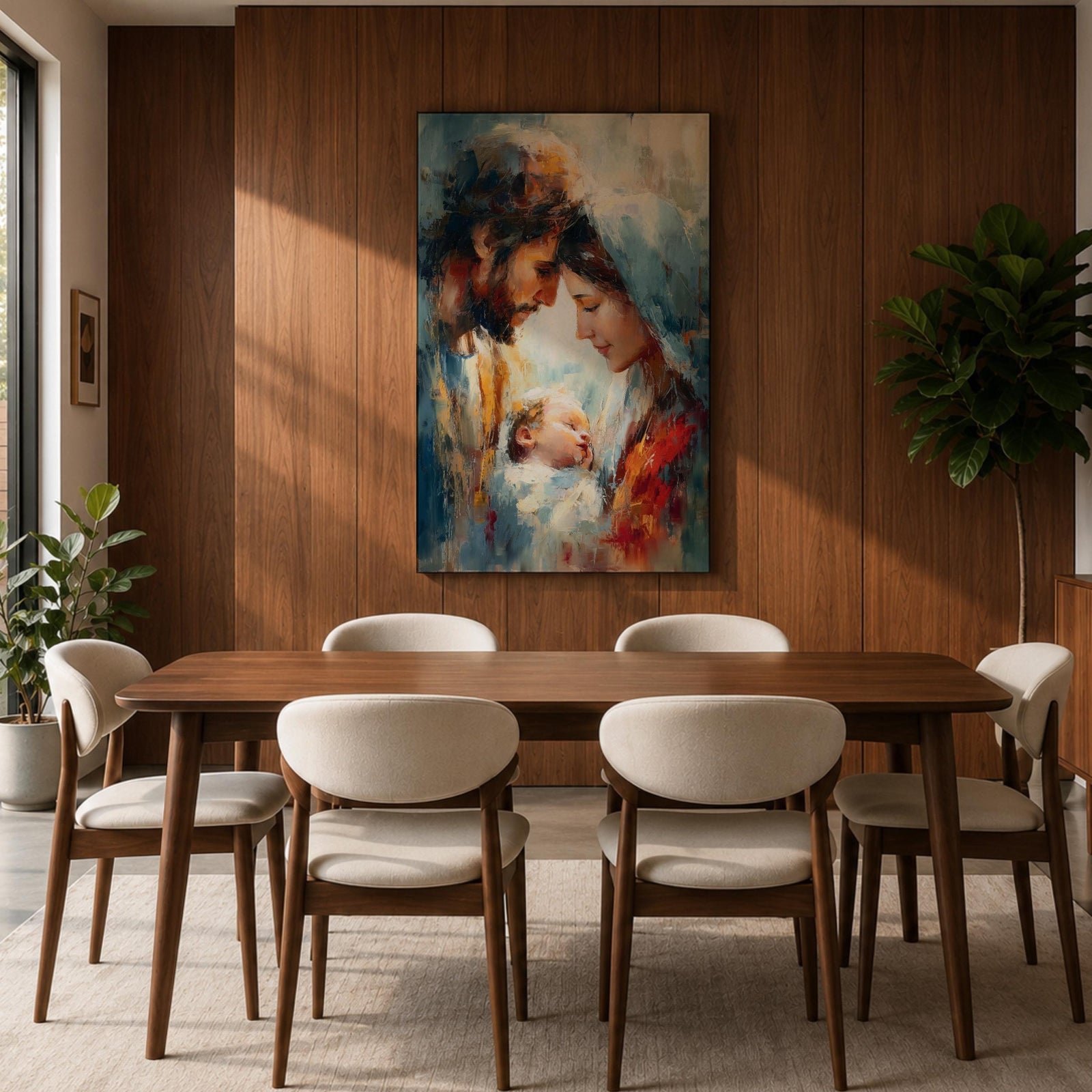 An impasto style painting depicting the Holy Family with tender expressions, featuring Mary, Joseph, and baby Jesus in a close, intimate composition. The textured brushstrokes create a rich, emotive portrayal of this religious scene with a soft, blended background enhancing the figures.