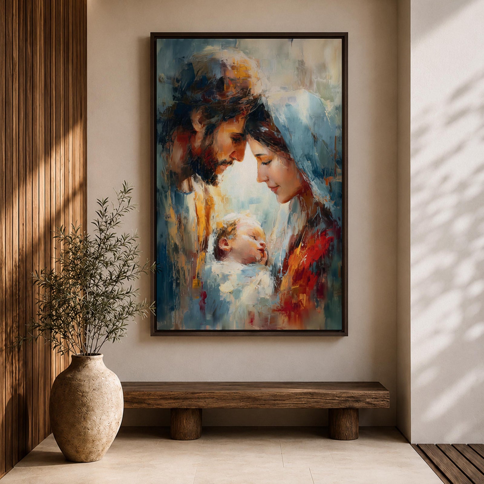An impasto style painting depicting the Holy Family with tender expressions, featuring Mary, Joseph, and baby Jesus in a close, intimate composition. The textured brushstrokes create a rich, emotive portrayal of this religious scene with a soft, blended background enhancing the figures.