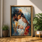 An impasto style painting depicting the Holy Family with tender expressions, featuring Mary, Joseph, and baby Jesus in a close, intimate composition. The textured brushstrokes create a rich, emotive portrayal of this religious scene with a soft, blended background enhancing the figures.