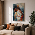 An impasto style painting depicting the Holy Family with tender expressions, featuring Mary, Joseph, and baby Jesus in a close, intimate composition. The textured brushstrokes create a rich, emotive portrayal of this religious scene with a soft, blended background enhancing the figures.