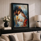 An impasto style painting depicting the Holy Family with tender expressions, featuring Mary, Joseph, and baby Jesus in a close, intimate composition. The textured brushstrokes create a rich, emotive portrayal of this religious scene with a soft, blended background enhancing the figures.