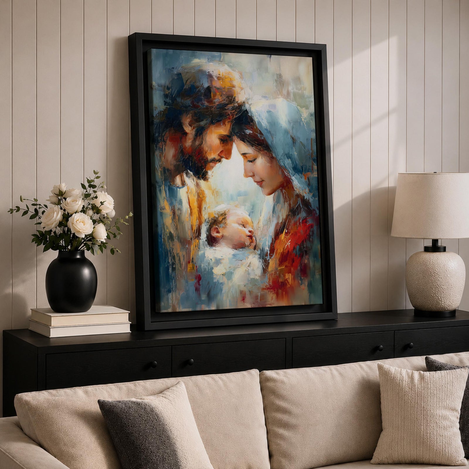 An impasto style painting depicting the Holy Family with tender expressions, featuring Mary, Joseph, and baby Jesus in a close, intimate composition. The textured brushstrokes create a rich, emotive portrayal of this religious scene with a soft, blended background enhancing the figures.