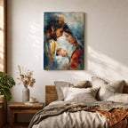 An impasto style painting depicting the Holy Family with tender expressions, featuring Mary, Joseph, and baby Jesus in a close, intimate composition. The textured brushstrokes create a rich, emotive portrayal of this religious scene with a soft, blended background enhancing the figures.