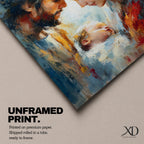 An impasto style painting depicting the Holy Family with tender expressions, featuring Mary, Joseph, and baby Jesus in a close, intimate composition. The textured brushstrokes create a rich, emotive portrayal of this religious scene with a soft, blended background enhancing the figures.