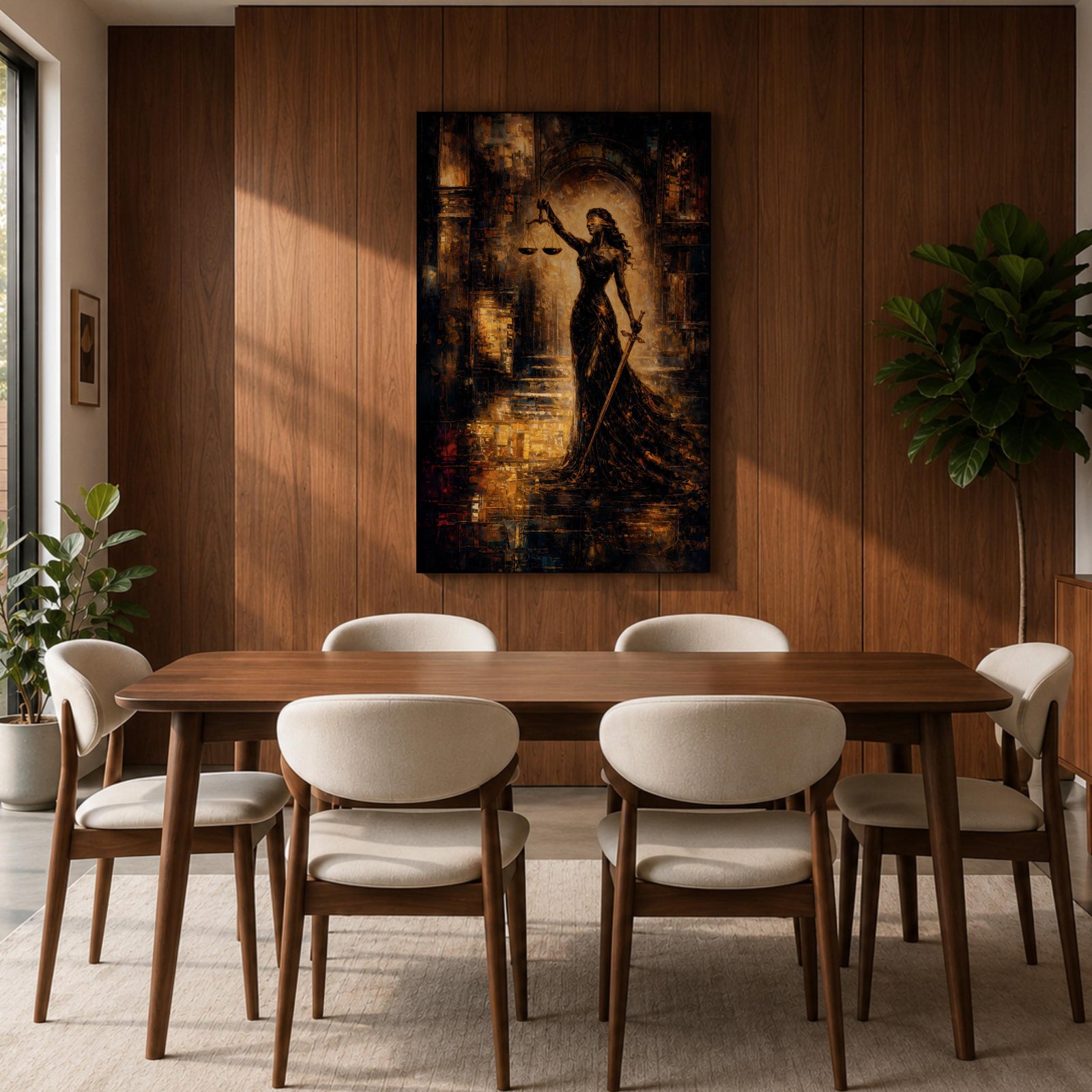 A striking abstract depiction of Lady Justice standing tall with a blindfold, holding balanced scales in one hand and a sword in the other, rendered in textured brushstrokes with warm golden and dark tones, emphasizing her symbolic role as the goddess of justice in a dramatic architectural setting.