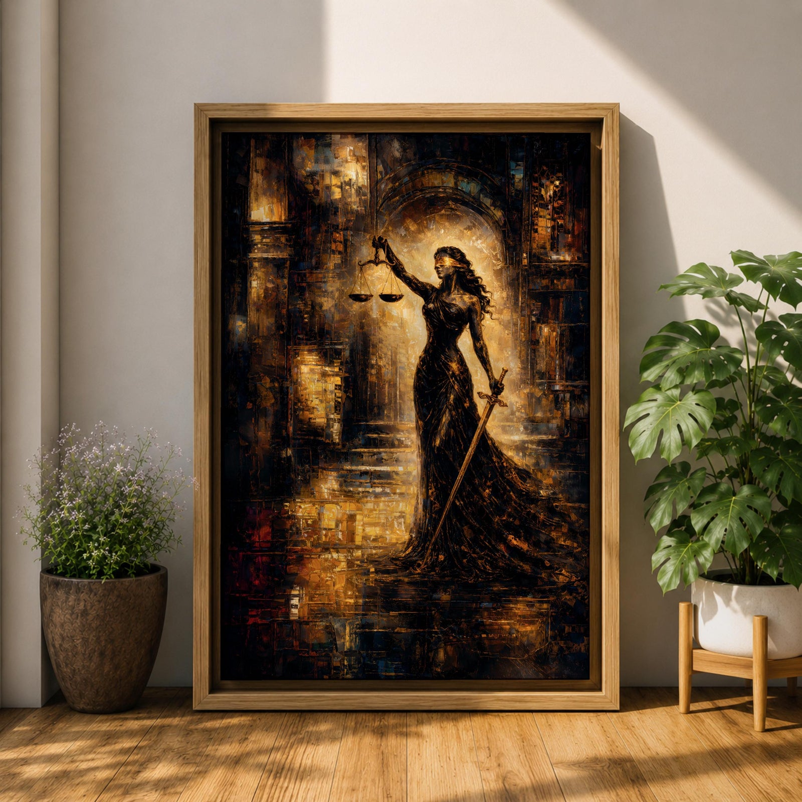 A striking abstract depiction of Lady Justice standing tall with a blindfold, holding balanced scales in one hand and a sword in the other, rendered in textured brushstrokes with warm golden and dark tones, emphasizing her symbolic role as the goddess of justice in a dramatic architectural setting.