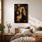 A striking abstract depiction of Lady Justice standing tall with a blindfold, holding balanced scales in one hand and a sword in the other, rendered in textured brushstrokes with warm golden and dark tones, emphasizing her symbolic role as the goddess of justice in a dramatic architectural setting.