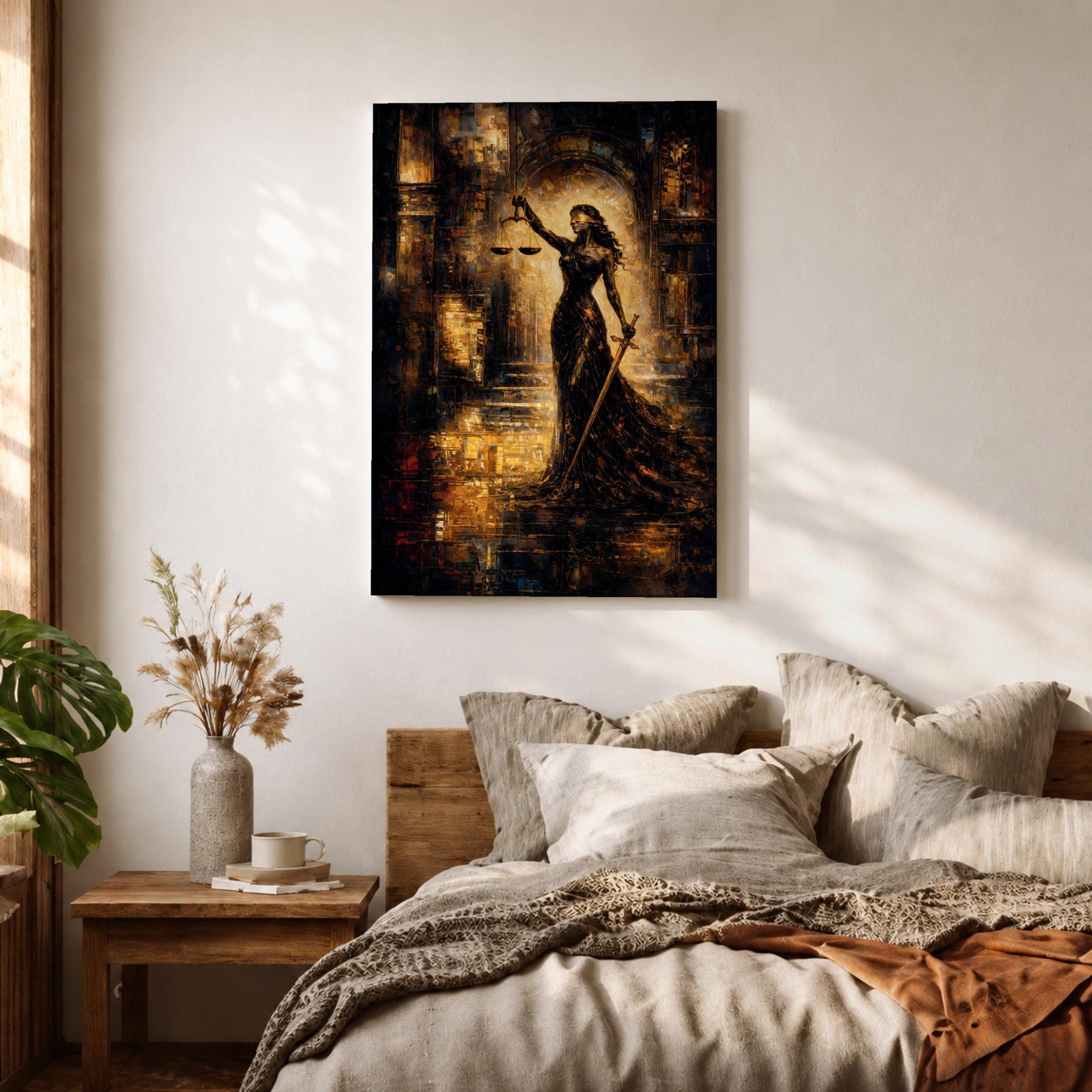 A striking abstract depiction of Lady Justice standing tall with a blindfold, holding balanced scales in one hand and a sword in the other, rendered in textured brushstrokes with warm golden and dark tones, emphasizing her symbolic role as the goddess of justice in a dramatic architectural setting.