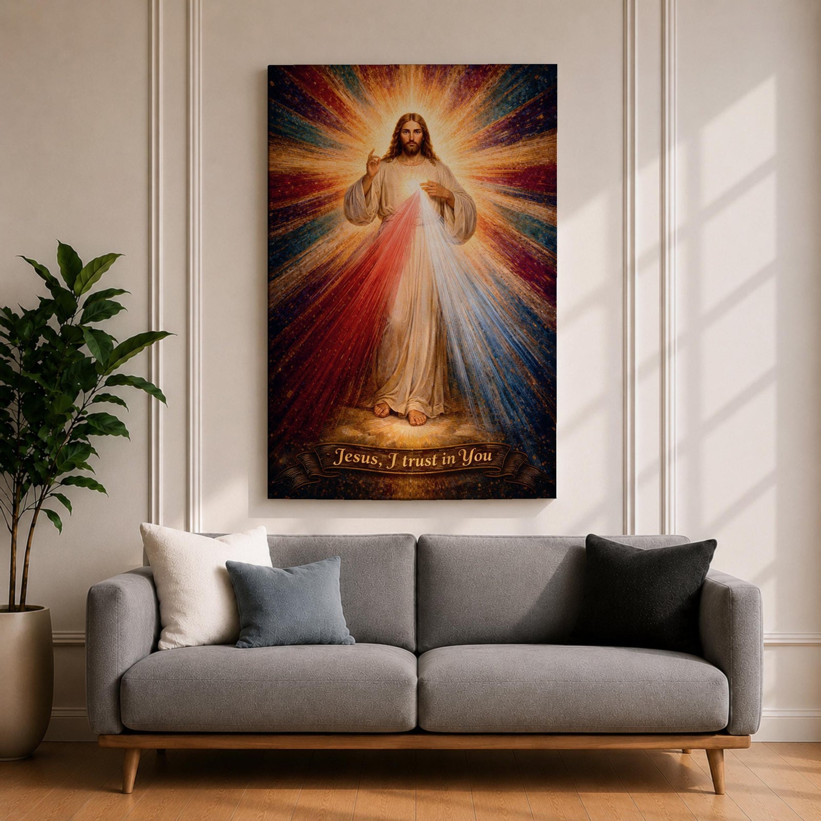 A radiant depiction of Divine Mercy of Jesus shows Jesus standing with one hand raised in blessing and the other pointing to his heart, from which red and pale rays emanate. The figure is surrounded by vibrant rays of light, rendered in a classical religious art style on canvas.