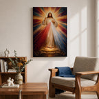 A radiant depiction of Divine Mercy of Jesus shows Jesus standing with one hand raised in blessing and the other pointing to his heart, from which red and pale rays emanate. The figure is surrounded by vibrant rays of light, rendered in a classical religious art style on canvas.