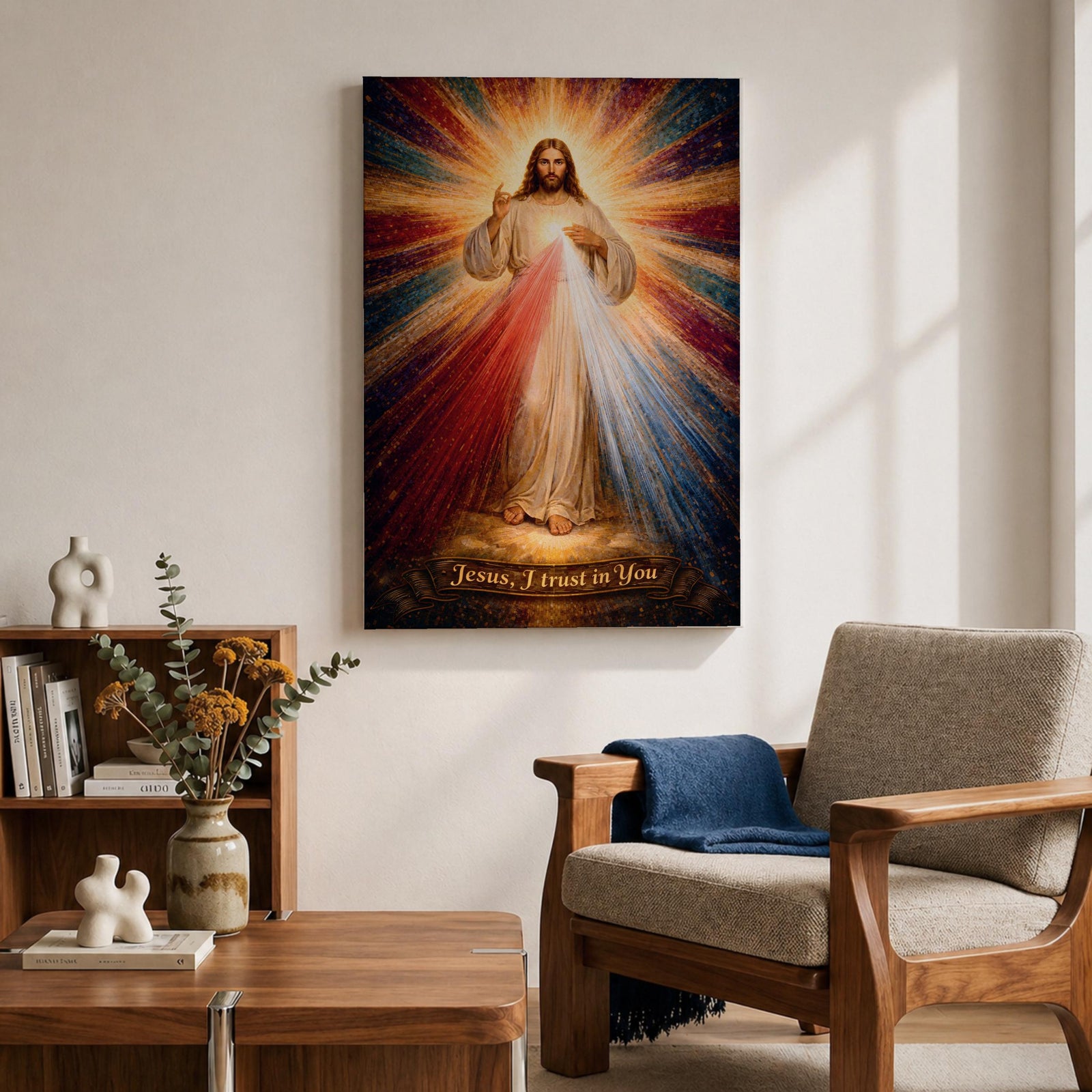 A radiant depiction of Divine Mercy of Jesus shows Jesus standing with one hand raised in blessing and the other pointing to his heart, from which red and pale rays emanate. The figure is surrounded by vibrant rays of light, rendered in a classical religious art style on canvas.