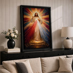 A radiant depiction of Divine Mercy of Jesus shows Jesus standing with one hand raised in blessing and the other pointing to his heart, from which red and pale rays emanate. The figure is surrounded by vibrant rays of light, rendered in a classical religious art style on canvas.