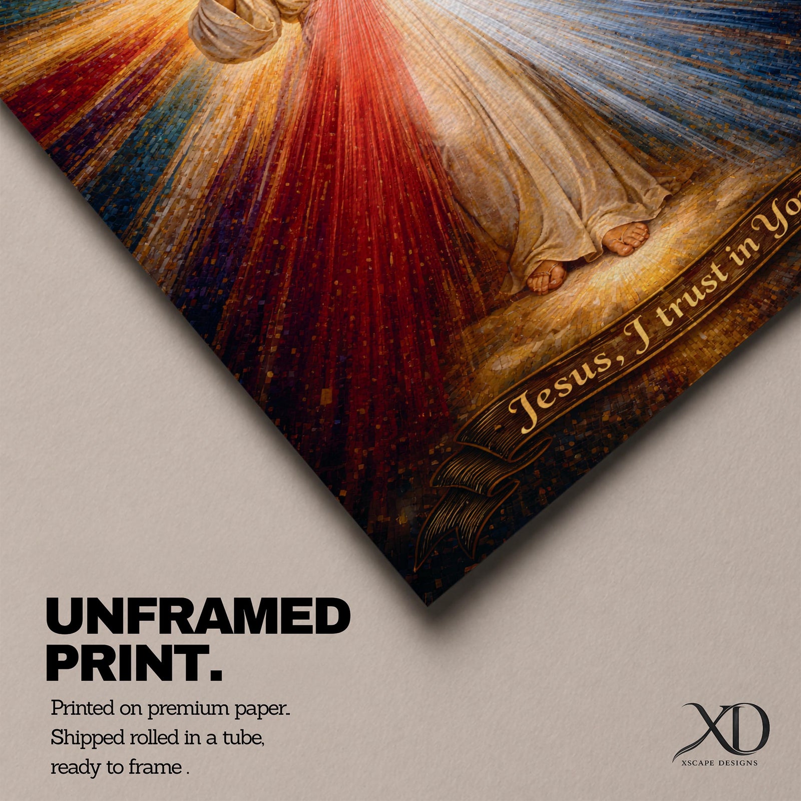 A radiant depiction of Divine Mercy of Jesus shows Jesus standing with one hand raised in blessing and the other pointing to his heart, from which red and pale rays emanate. The figure is surrounded by vibrant rays of light, rendered in a classical religious art style on canvas.