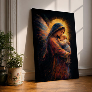 A tender depiction of the Virgin Mary gently cradling baby Jesus, both figures illuminated by soft golden halos against a dark background, with flowing painterly textures in rich warm tones and subtle wing-like forms behind Mary, emphasizing intimacy, protection, and sacred maternal connection in a glowing composition.