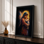 A tender depiction of the Virgin Mary gently cradling baby Jesus, both figures illuminated by soft golden halos against a dark background, with flowing painterly textures in rich warm tones and subtle wing-like forms behind Mary, emphasizing intimacy, protection, and sacred maternal connection in a glowing composition.