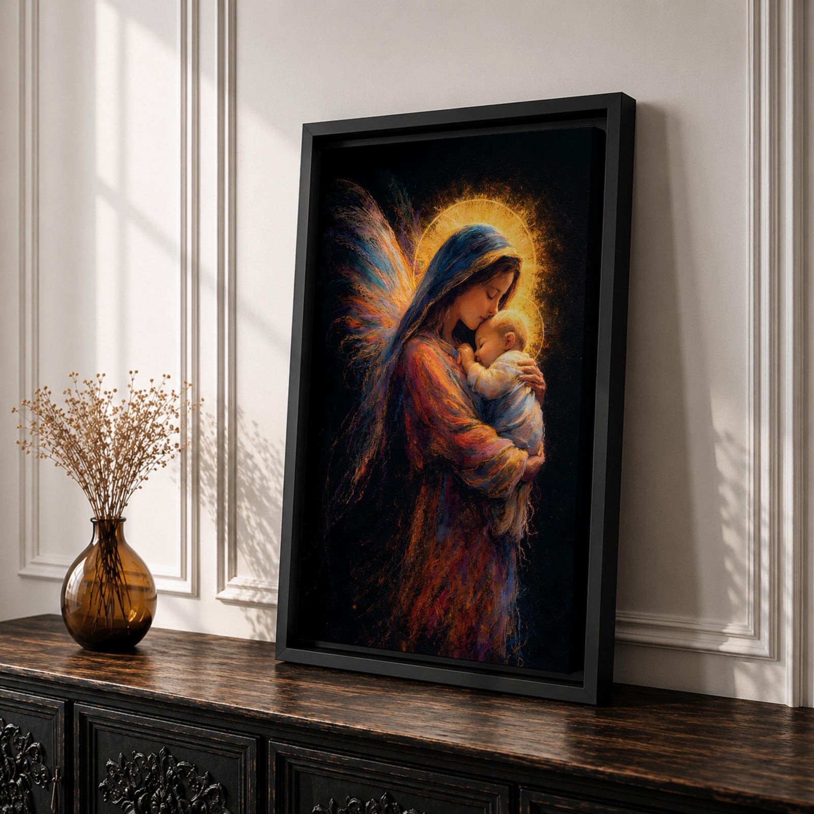A tender depiction of the Virgin Mary gently cradling baby Jesus, both figures illuminated by soft golden halos against a dark background, with flowing painterly textures in rich warm tones and subtle wing-like forms behind Mary, emphasizing intimacy, protection, and sacred maternal connection in a glowing composition.