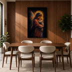 A tender depiction of the Virgin Mary gently cradling baby Jesus, both figures illuminated by soft golden halos against a dark background, with flowing painterly textures in rich warm tones and subtle wing-like forms behind Mary, emphasizing intimacy, protection, and sacred maternal connection in a glowing composition.