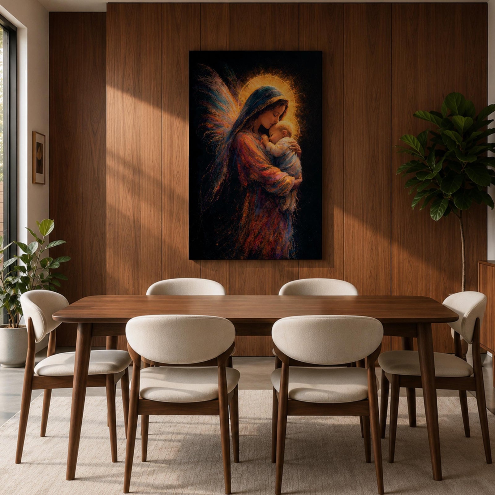 A tender depiction of the Virgin Mary gently cradling baby Jesus, both figures illuminated by soft golden halos against a dark background, with flowing painterly textures in rich warm tones and subtle wing-like forms behind Mary, emphasizing intimacy, protection, and sacred maternal connection in a glowing composition.