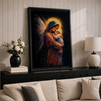 A tender depiction of the Virgin Mary gently cradling baby Jesus, both figures illuminated by soft golden halos against a dark background, with flowing painterly textures in rich warm tones and subtle wing-like forms behind Mary, emphasizing intimacy, protection, and sacred maternal connection in a glowing composition.