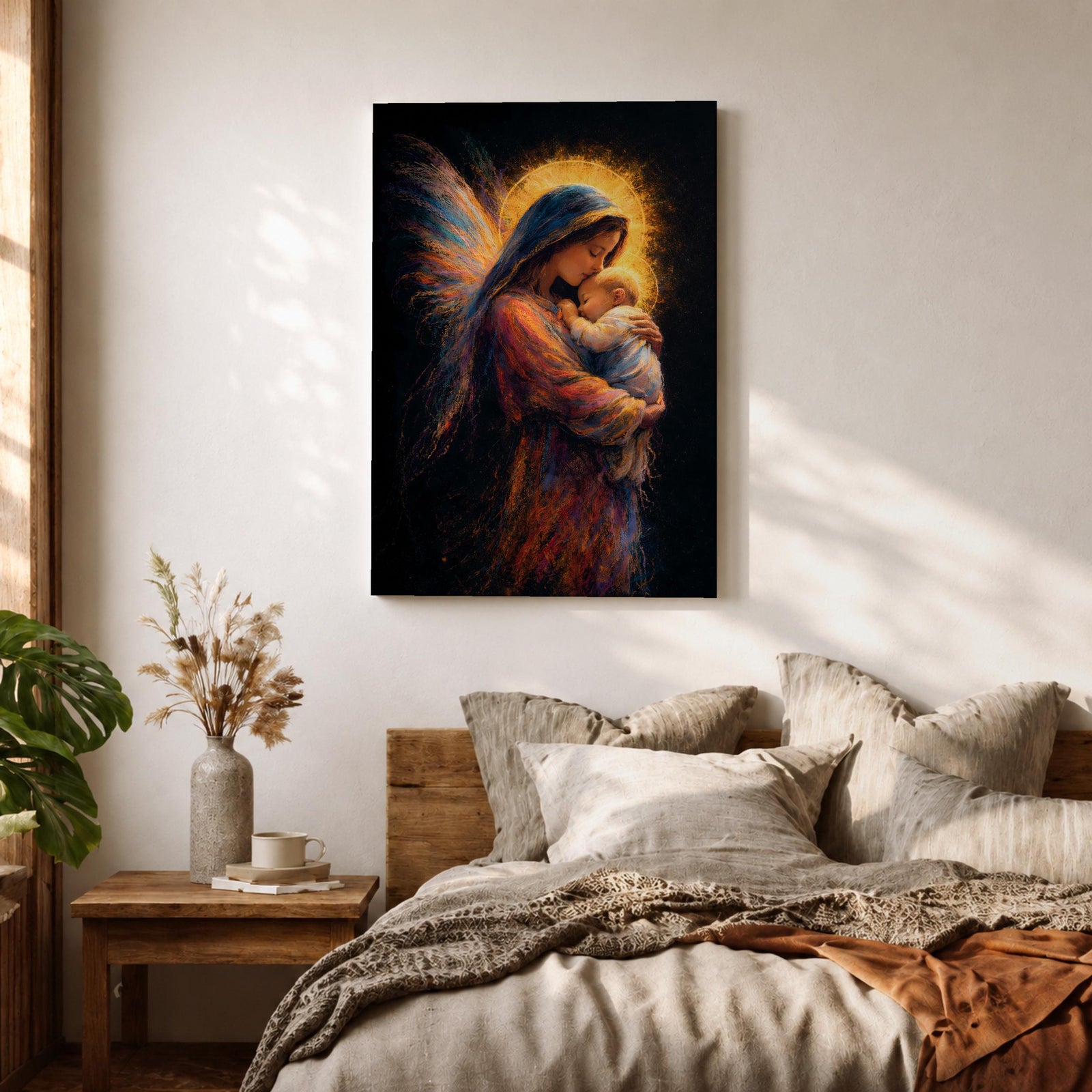 A tender depiction of the Virgin Mary gently cradling baby Jesus, both figures illuminated by soft golden halos against a dark background, with flowing painterly textures in rich warm tones and subtle wing-like forms behind Mary, emphasizing intimacy, protection, and sacred maternal connection in a glowing composition.