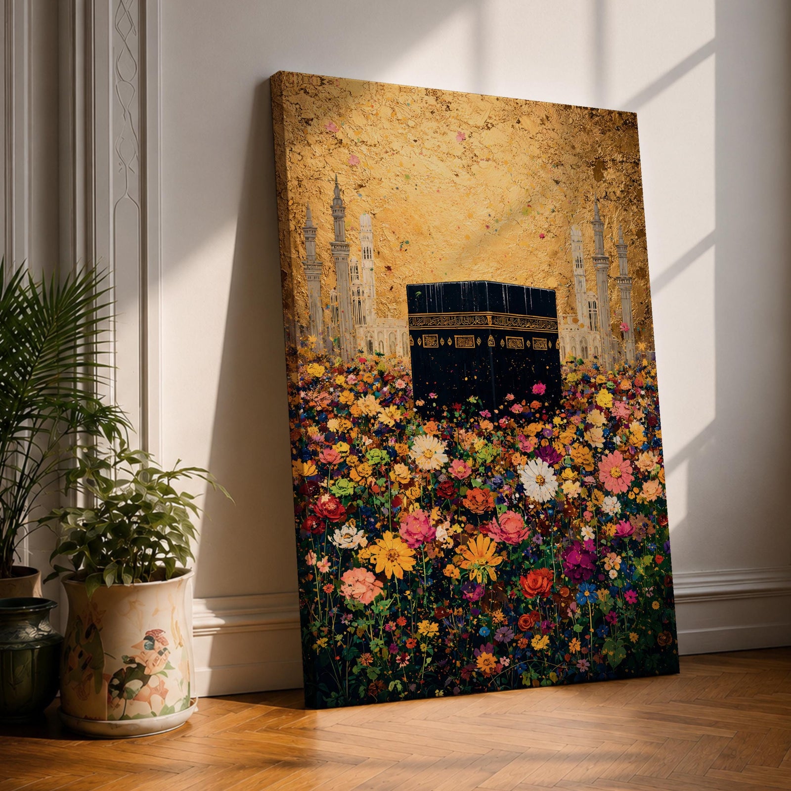 The Kaaba stands at the center of a vibrant field of multicolored flowers, surrounded by softly rendered mosque minarets in the background, set beneath a radiant golden sky with textured brushwork that blends architectural form with blooming botanical elements in a richly layered and luminous composition.