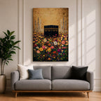 The Kaaba stands at the center of a vibrant field of multicolored flowers, surrounded by softly rendered mosque minarets in the background, set beneath a radiant golden sky with textured brushwork that blends architectural form with blooming botanical elements in a richly layered and luminous composition.