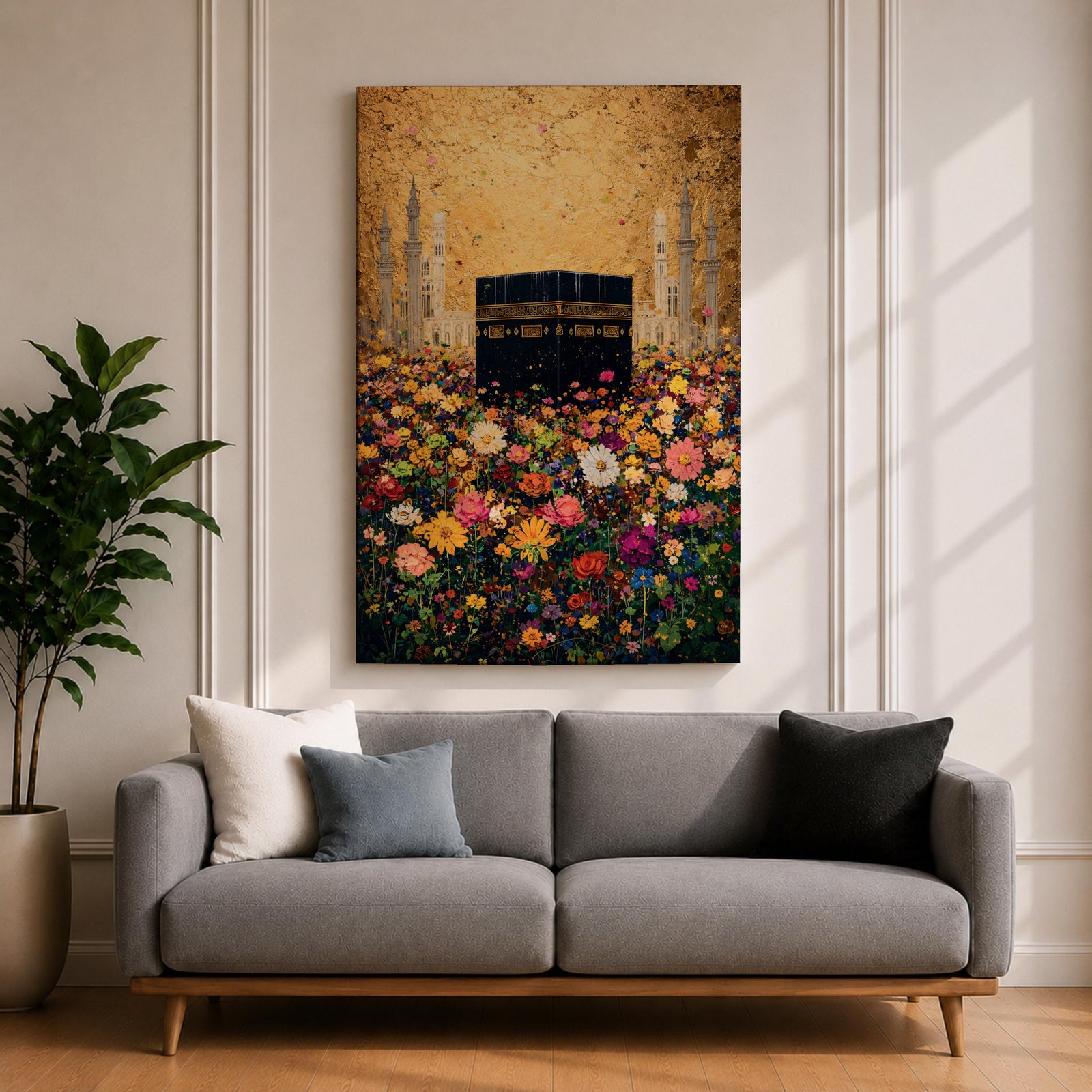 The Kaaba stands at the center of a vibrant field of multicolored flowers, surrounded by softly rendered mosque minarets in the background, set beneath a radiant golden sky with textured brushwork that blends architectural form with blooming botanical elements in a richly layered and luminous composition.