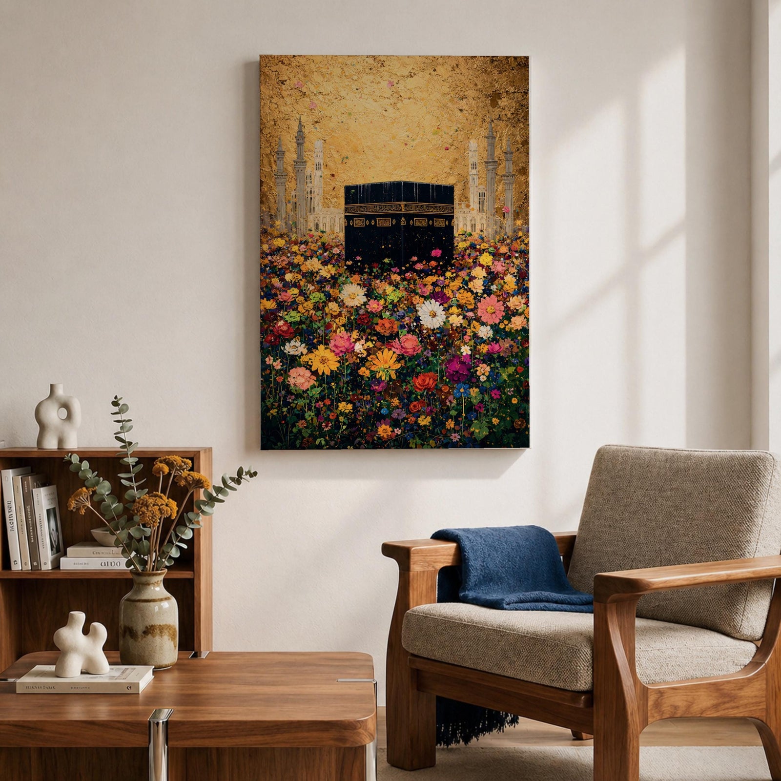 The Kaaba stands at the center of a vibrant field of multicolored flowers, surrounded by softly rendered mosque minarets in the background, set beneath a radiant golden sky with textured brushwork that blends architectural form with blooming botanical elements in a richly layered and luminous composition.