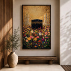 The Kaaba stands at the center of a vibrant field of multicolored flowers, surrounded by softly rendered mosque minarets in the background, set beneath a radiant golden sky with textured brushwork that blends architectural form with blooming botanical elements in a richly layered and luminous composition.