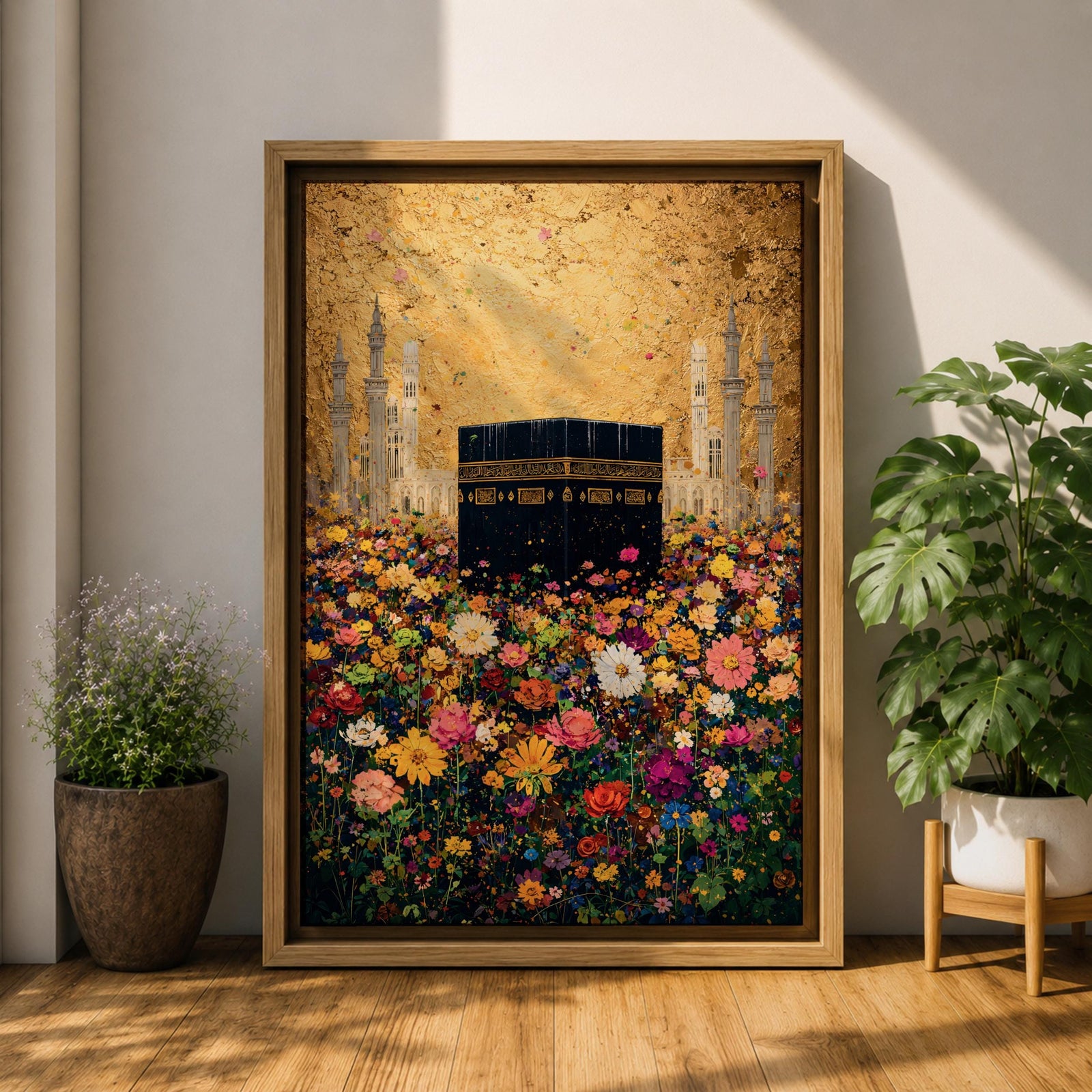 The Kaaba stands at the center of a vibrant field of multicolored flowers, surrounded by softly rendered mosque minarets in the background, set beneath a radiant golden sky with textured brushwork that blends architectural form with blooming botanical elements in a richly layered and luminous composition.