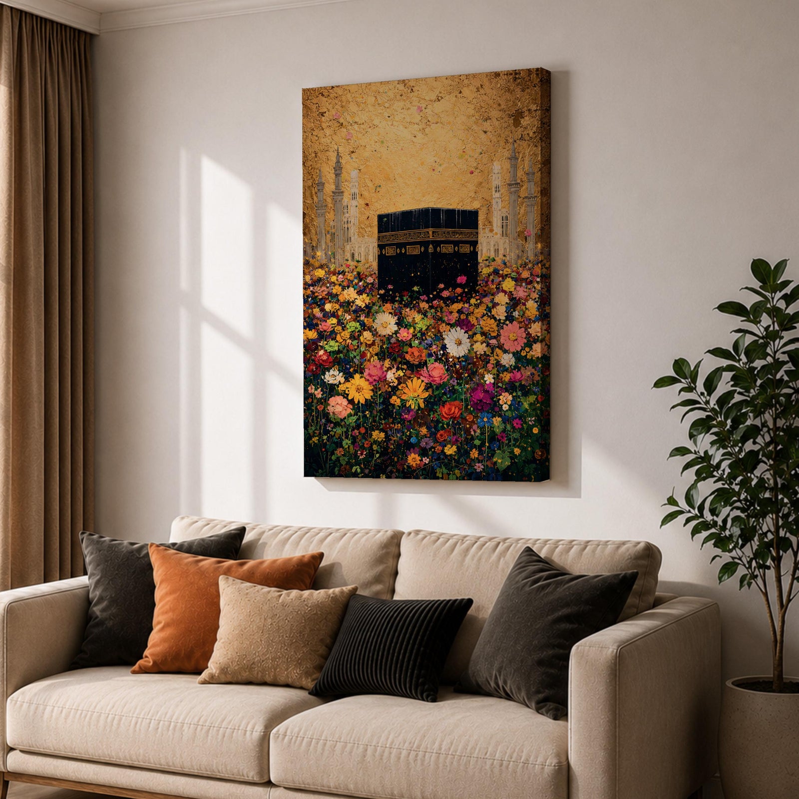 The Kaaba stands at the center of a vibrant field of multicolored flowers, surrounded by softly rendered mosque minarets in the background, set beneath a radiant golden sky with textured brushwork that blends architectural form with blooming botanical elements in a richly layered and luminous composition.