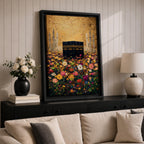 The Kaaba stands at the center of a vibrant field of multicolored flowers, surrounded by softly rendered mosque minarets in the background, set beneath a radiant golden sky with textured brushwork that blends architectural form with blooming botanical elements in a richly layered and luminous composition.