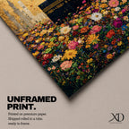 The Kaaba stands at the center of a vibrant field of multicolored flowers, surrounded by softly rendered mosque minarets in the background, set beneath a radiant golden sky with textured brushwork that blends architectural form with blooming botanical elements in a richly layered and luminous composition.