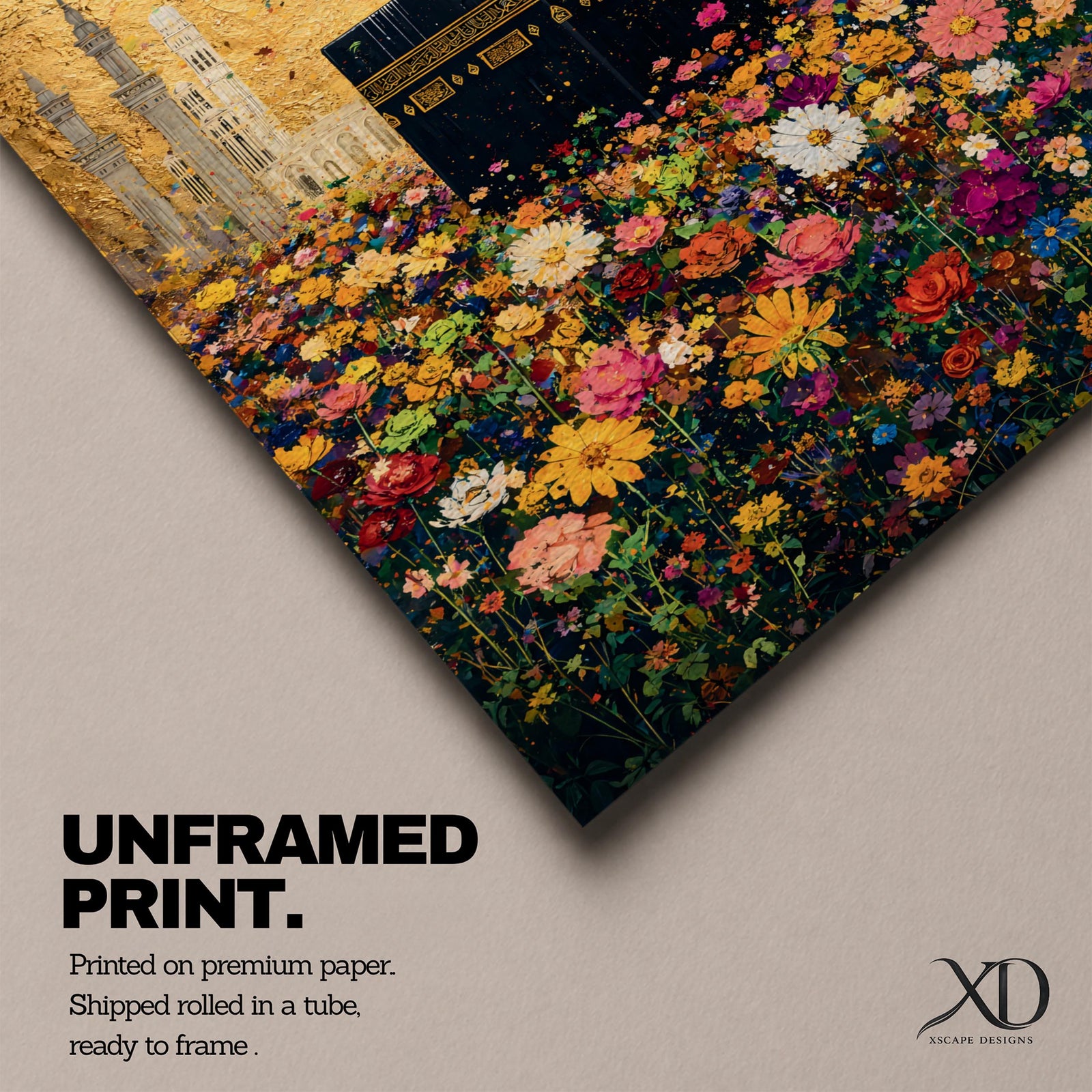 The Kaaba stands at the center of a vibrant field of multicolored flowers, surrounded by softly rendered mosque minarets in the background, set beneath a radiant golden sky with textured brushwork that blends architectural form with blooming botanical elements in a richly layered and luminous composition.
