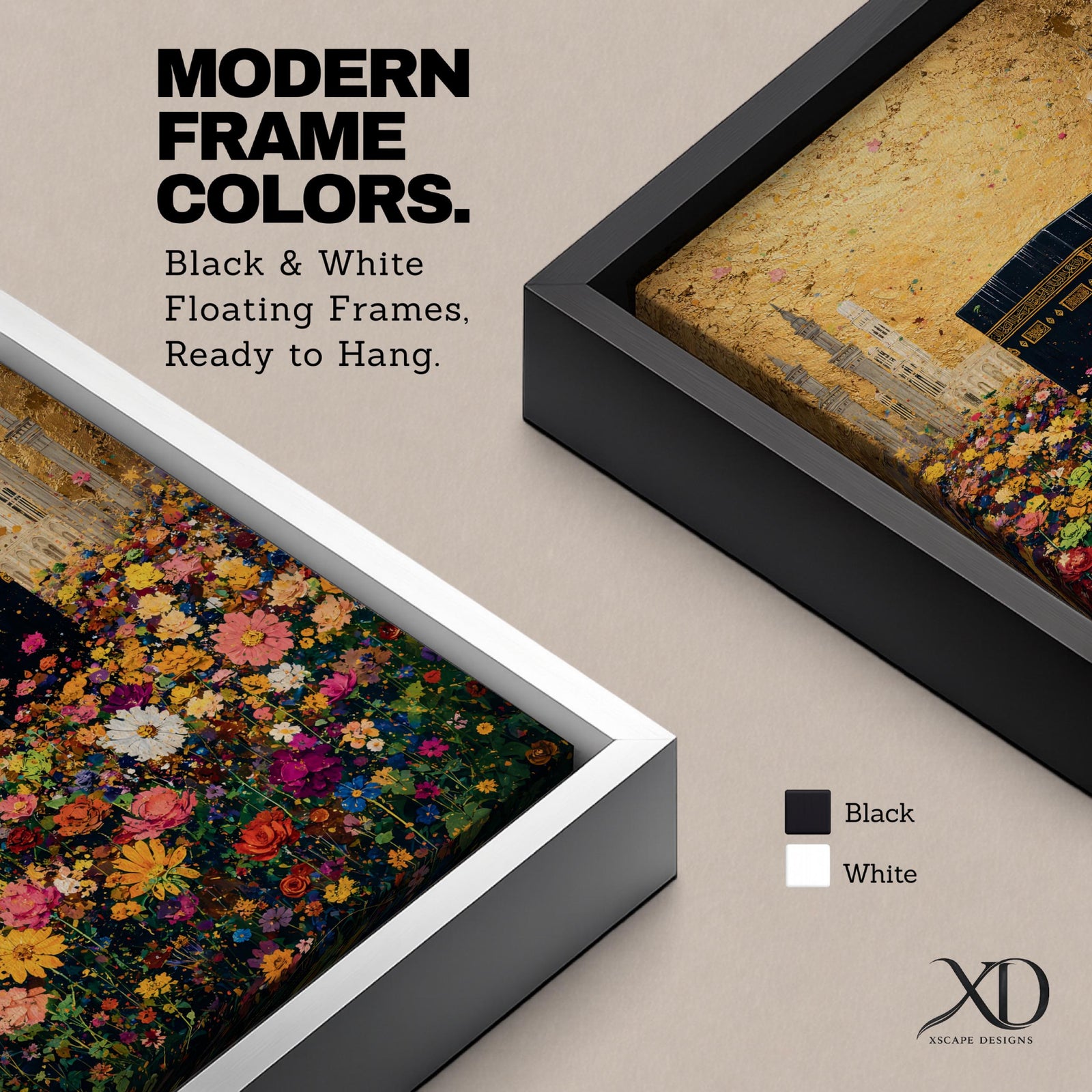 The Kaaba stands at the center of a vibrant field of multicolored flowers, surrounded by softly rendered mosque minarets in the background, set beneath a radiant golden sky with textured brushwork that blends architectural form with blooming botanical elements in a richly layered and luminous composition.