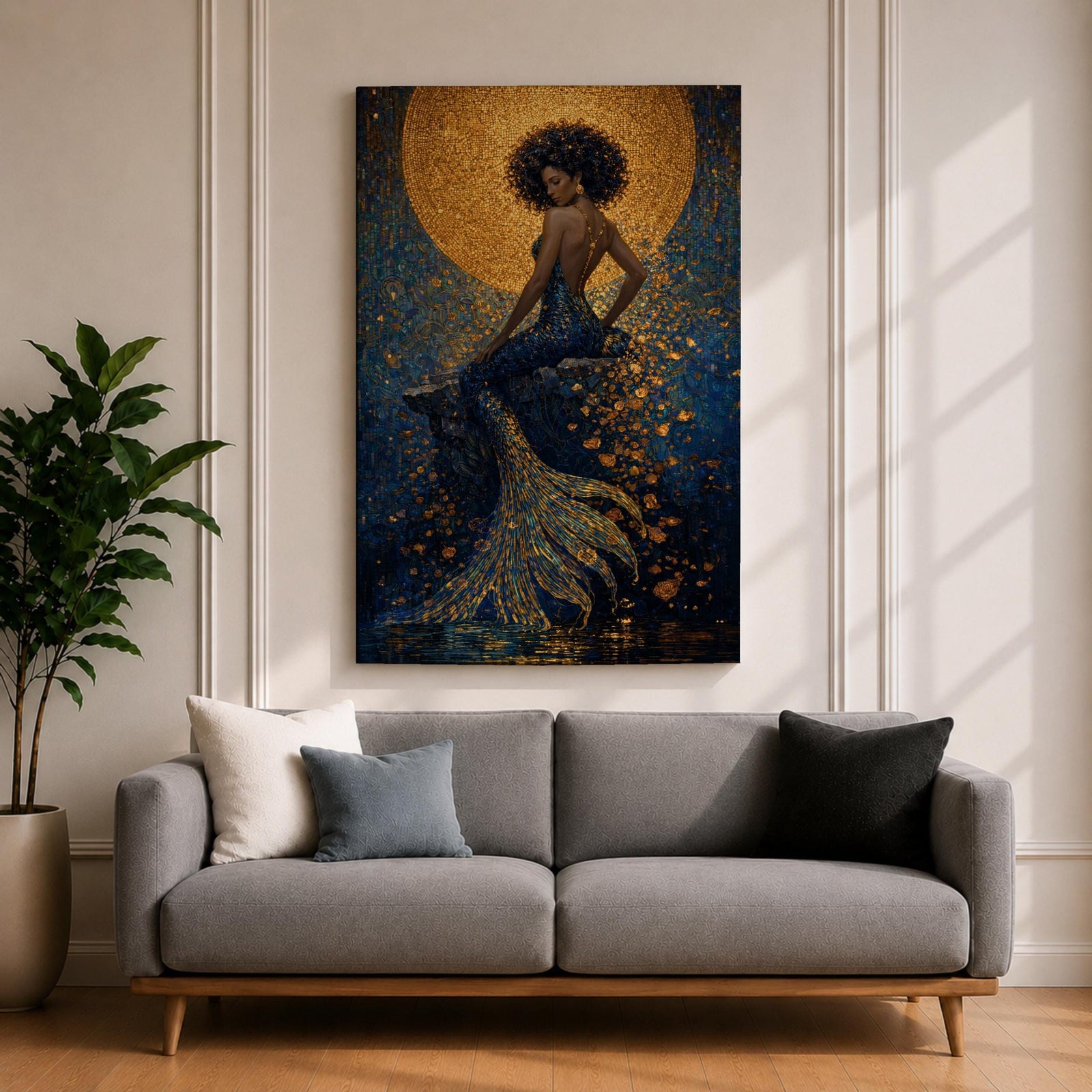 A striking fantasy painting of a Black mermaid seated gracefully with her back turned, her voluminous afro illuminated by a glowing golden moon behind her, while her long textured tail flows downward in shimmering gold and deep blue tones, surrounded by abstract ocean textures that create a rich and luminous underwater composition.