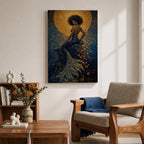 A striking fantasy painting of a Black mermaid seated gracefully with her back turned, her voluminous afro illuminated by a glowing golden moon behind her, while her long textured tail flows downward in shimmering gold and deep blue tones, surrounded by abstract ocean textures that create a rich and luminous underwater composition.