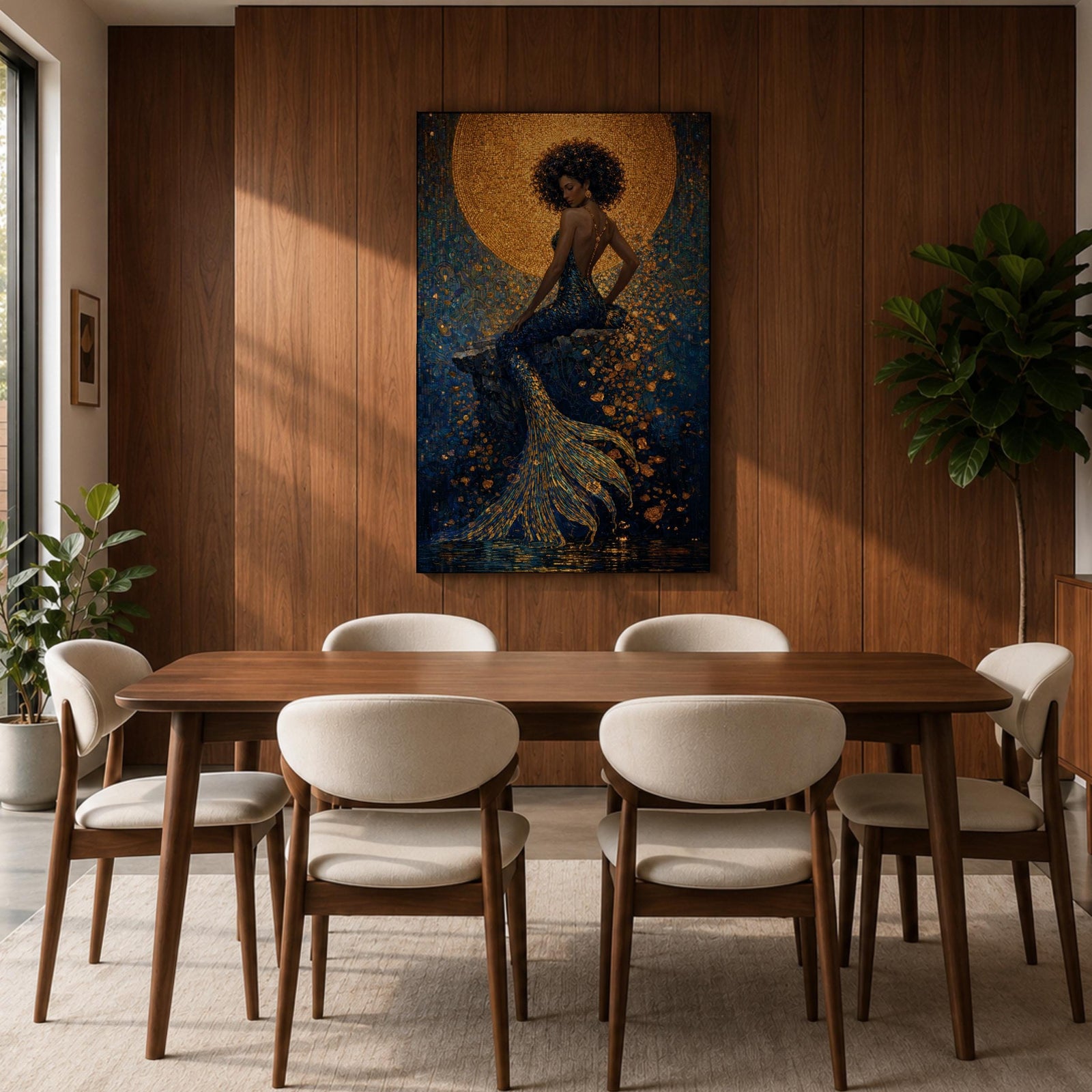A striking fantasy painting of a Black mermaid seated gracefully with her back turned, her voluminous afro illuminated by a glowing golden moon behind her, while her long textured tail flows downward in shimmering gold and deep blue tones, surrounded by abstract ocean textures that create a rich and luminous underwater composition.