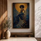 A striking fantasy painting of a Black mermaid seated gracefully with her back turned, her voluminous afro illuminated by a glowing golden moon behind her, while her long textured tail flows downward in shimmering gold and deep blue tones, surrounded by abstract ocean textures that create a rich and luminous underwater composition.