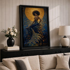 A striking fantasy painting of a Black mermaid seated gracefully with her back turned, her voluminous afro illuminated by a glowing golden moon behind her, while her long textured tail flows downward in shimmering gold and deep blue tones, surrounded by abstract ocean textures that create a rich and luminous underwater composition.