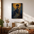 A striking fantasy painting of a Black mermaid seated gracefully with her back turned, her voluminous afro illuminated by a glowing golden moon behind her, while her long textured tail flows downward in shimmering gold and deep blue tones, surrounded by abstract ocean textures that create a rich and luminous underwater composition.
