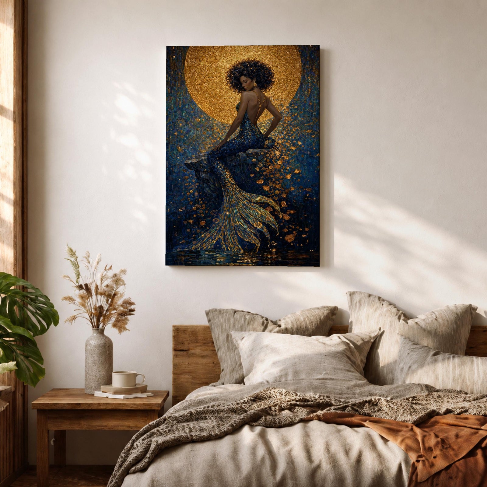 A striking fantasy painting of a Black mermaid seated gracefully with her back turned, her voluminous afro illuminated by a glowing golden moon behind her, while her long textured tail flows downward in shimmering gold and deep blue tones, surrounded by abstract ocean textures that create a rich and luminous underwater composition.