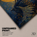 A striking fantasy painting of a Black mermaid seated gracefully with her back turned, her voluminous afro illuminated by a glowing golden moon behind her, while her long textured tail flows downward in shimmering gold and deep blue tones, surrounded by abstract ocean textures that create a rich and luminous underwater composition.