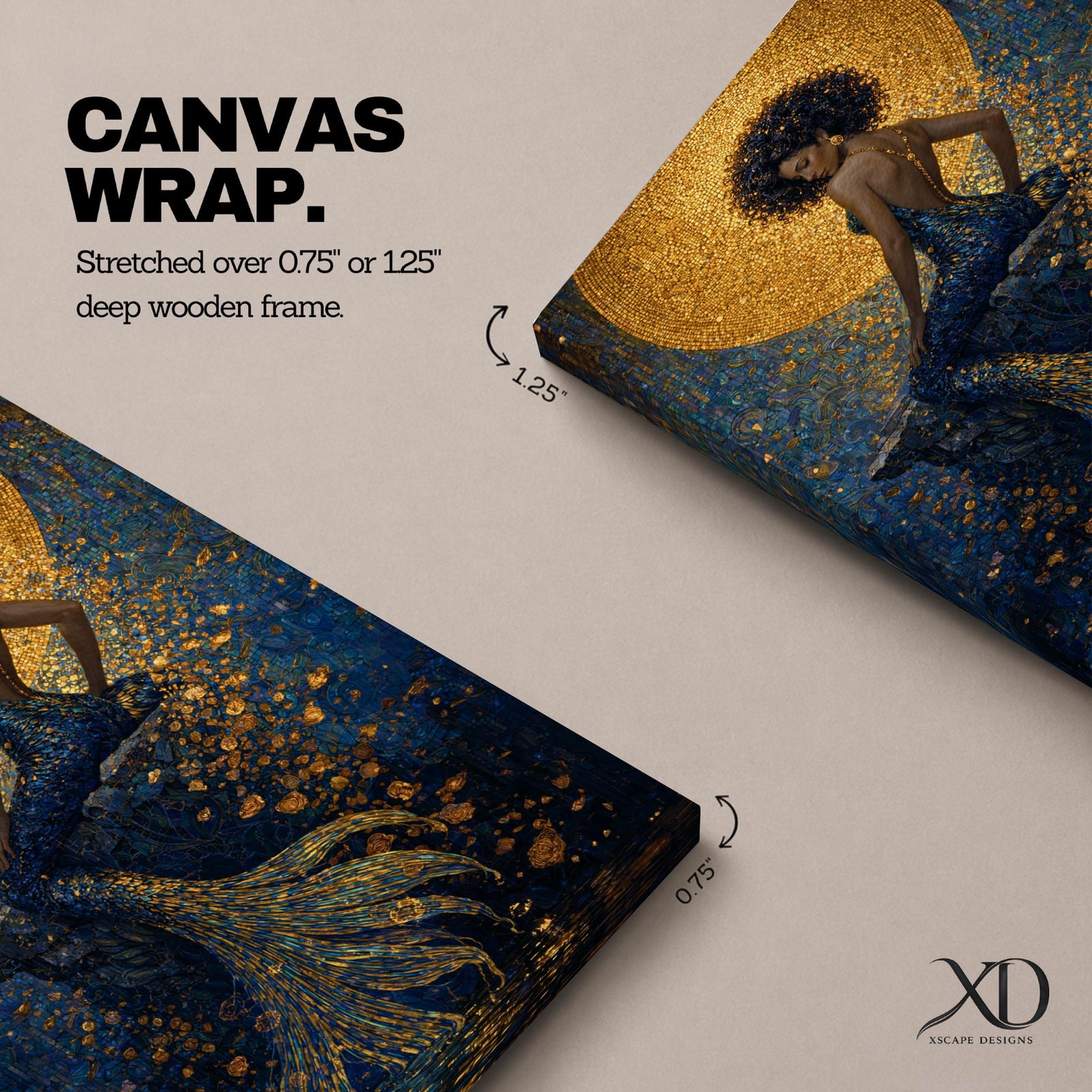 A striking fantasy painting of a Black mermaid seated gracefully with her back turned, her voluminous afro illuminated by a glowing golden moon behind her, while her long textured tail flows downward in shimmering gold and deep blue tones, surrounded by abstract ocean textures that create a rich and luminous underwater composition.
