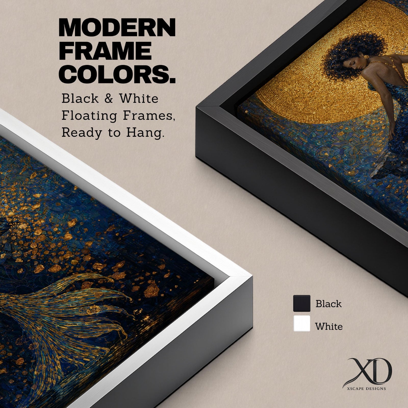 A striking fantasy painting of a Black mermaid seated gracefully with her back turned, her voluminous afro illuminated by a glowing golden moon behind her, while her long textured tail flows downward in shimmering gold and deep blue tones, surrounded by abstract ocean textures that create a rich and luminous underwater composition.