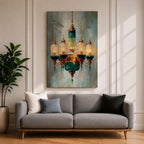 A detailed painting of a vintage chandelier featuring a central green glass lantern surrounded by five smaller glass lanterns with golden accents, rendered in a realistic Moroccan style with soft brush strokes and a muted background emphasizing the antique lighting fixture.