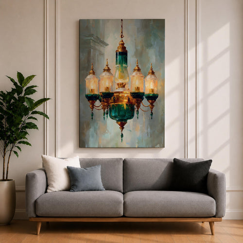 A detailed painting of a vintage chandelier featuring a central green glass lantern surrounded by five smaller glass lanterns with golden accents, rendered in a realistic Moroccan style with soft brush strokes and a muted background emphasizing the antique lighting fixture.