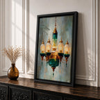 A detailed painting of a vintage chandelier featuring a central green glass lantern surrounded by five smaller glass lanterns with golden accents, rendered in a realistic Moroccan style with soft brush strokes and a muted background emphasizing the antique lighting fixture.