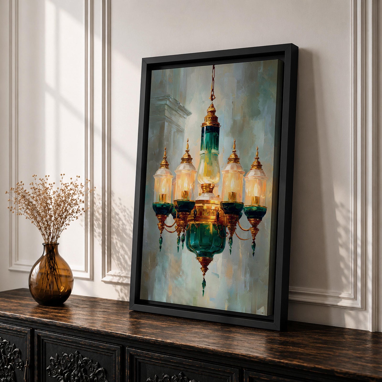 A detailed painting of a vintage chandelier featuring a central green glass lantern surrounded by five smaller glass lanterns with golden accents, rendered in a realistic Moroccan style with soft brush strokes and a muted background emphasizing the antique lighting fixture.